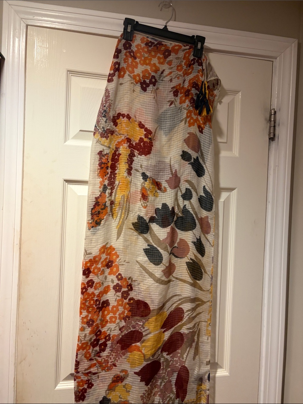 Wrap Scarf in Floral bird motif in Cream with Orange & Yellow Accents